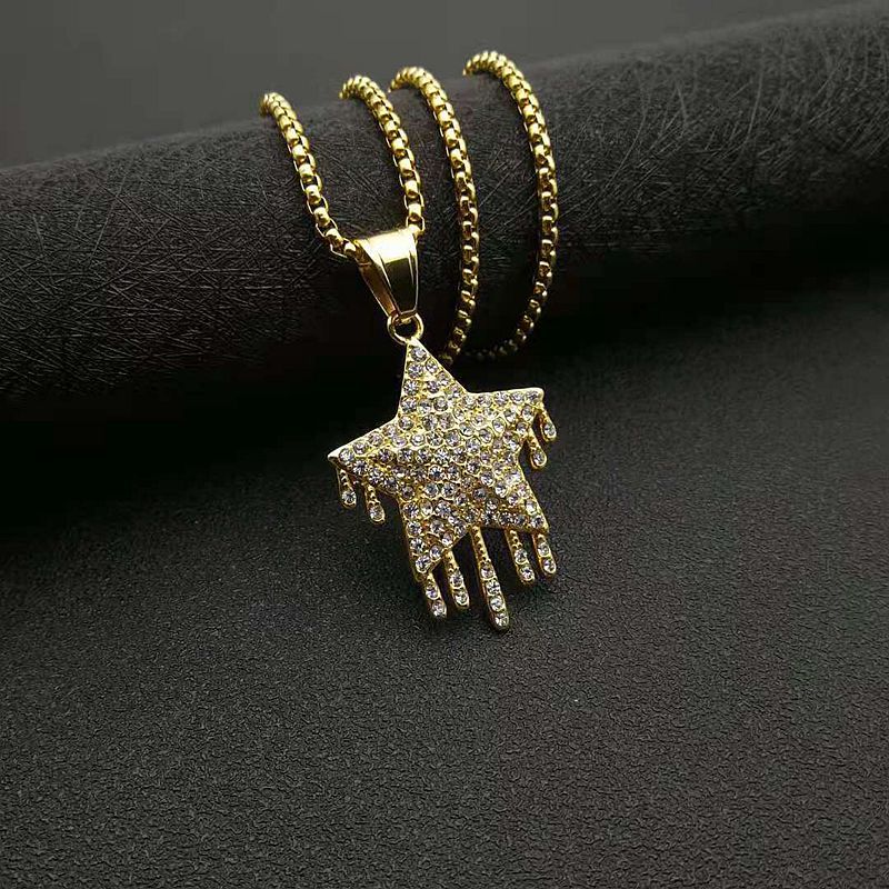 Hip Hop Waterdrop Star Pendant Necklace Stainless Steel 18K Gold Plated Jewelry