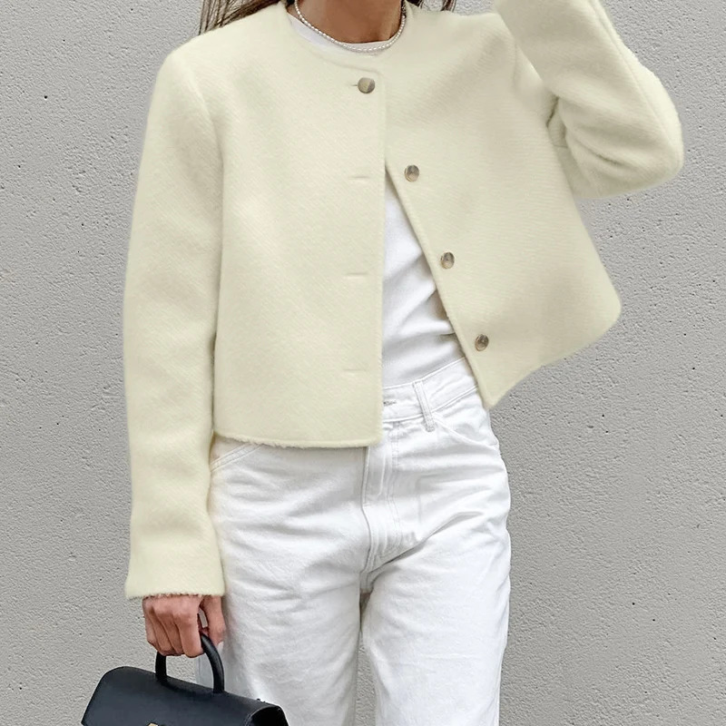 MSCSZ 2024 Cropped Tweed Jacket Women Round Neck Single Breasted Elegant Jacket Autumn Fashion Short Coat In Outerwears 241017