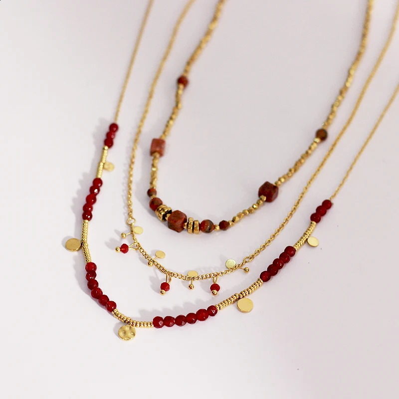 ANEH Retro Multi layer Red Natural Stone Bead Chain Stainless Steel Disc Charm Necklace 241017
