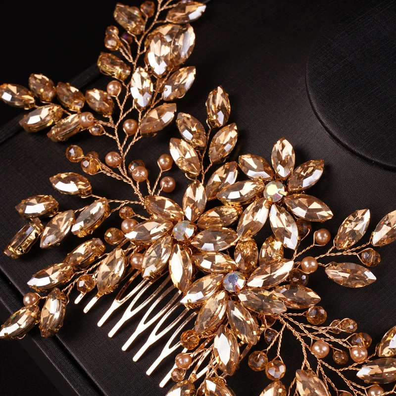 Bride Women Large Crystal Wedding Hair Comb Champagne Bridal Side Comb Full Rhinestone Hair Accessorie for Women and Girls 241007