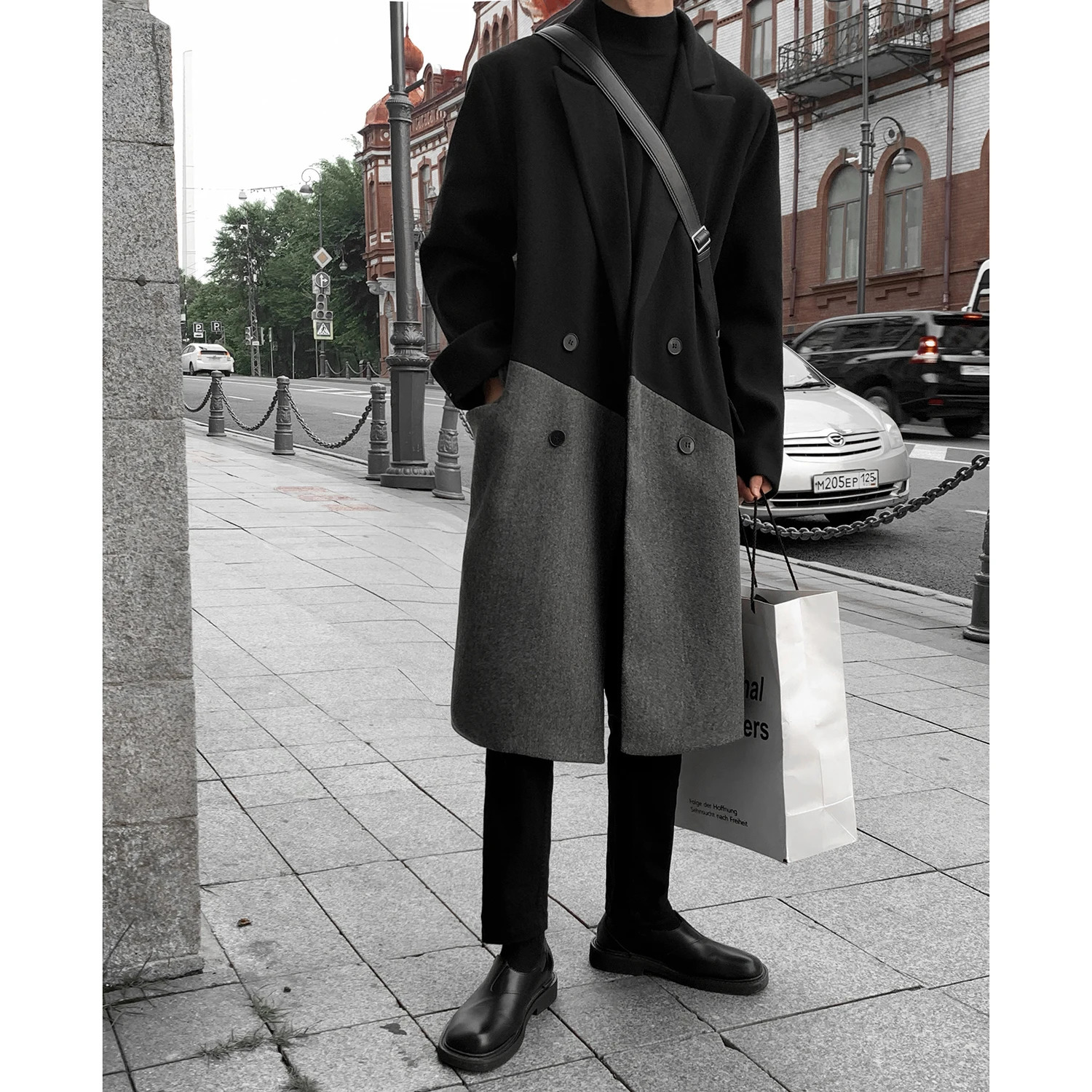 2024 Autumn Winter Korean Long Woolen Trench Coat Men Fashion Black Gray Contrast Color Patchwork Windbreaker Overcoat 241017