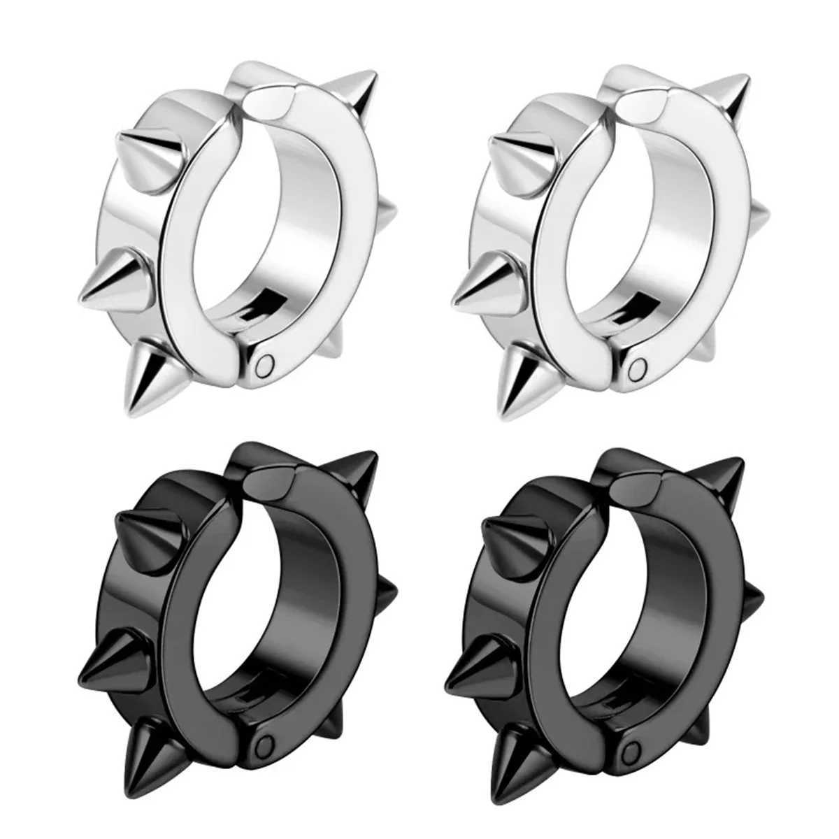 2/4 punk style 316L stainless steel spike earrings clip on non perforated ring earrings fashionable fake perforated jewelry W241017