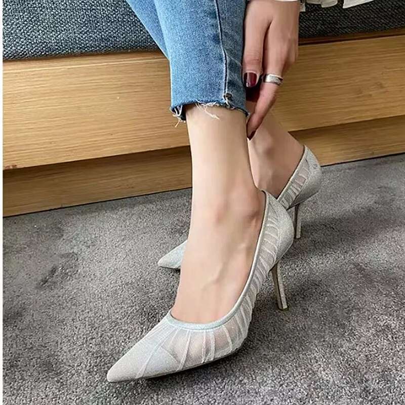Women's Shallow Mouth Spring/Summer New Pointed High Sexy Banquet Lace Heels Fashionable Flat Sole Single Shoes
