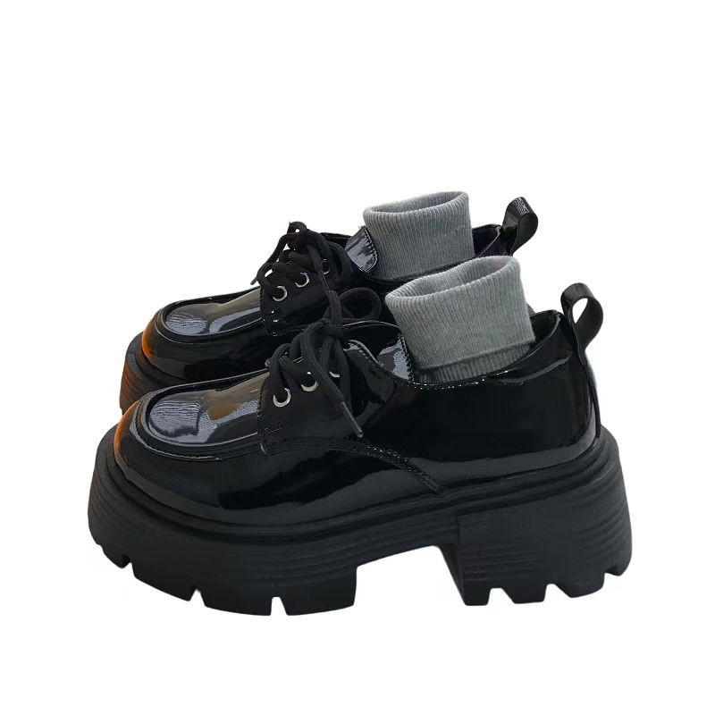 Women Fashion Thick Sole Casual Style Lace Up Leather Loafers Shoes Triple Black Free shipping