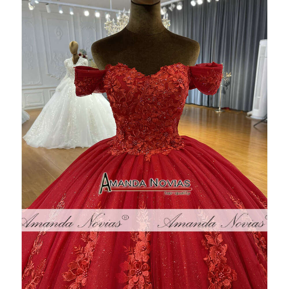 Off Shoulder Lace Red Ball Gown Wedding Dress