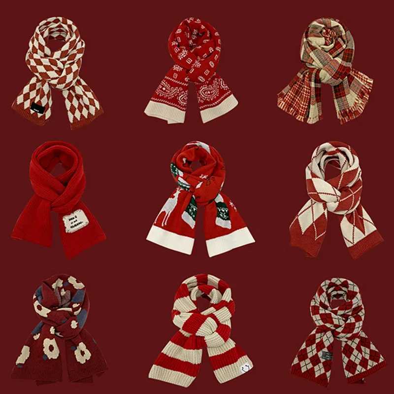 Fashionable Christmas style red element scarf suitable for trend knitting student couples warm scarf shawl clothing accessories gifts X241017