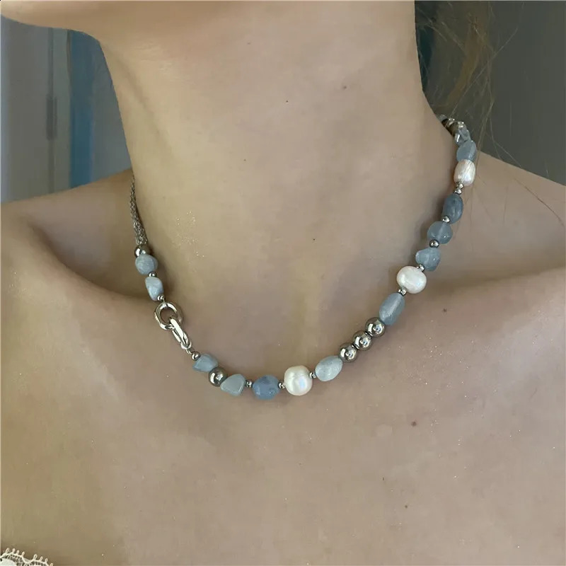 Xiaoluoke Fashion Blue Natural Stone Mixed Freshwater Pearl Summer Irregular n Bead Necklace Bridal Jewelry Gift 241017