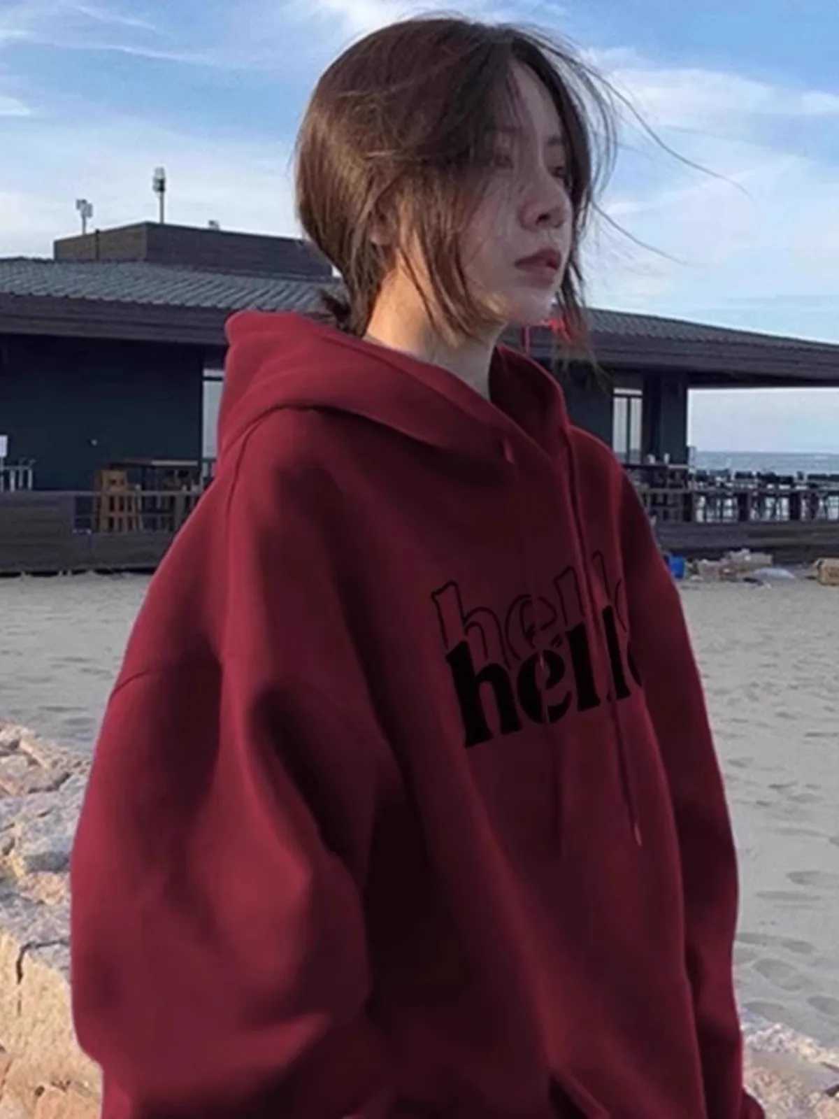 Burgundy High-end Sweatshirt for Women American Autumn and Winter Retro Lazy Style oversize Loose Spring Hooded JacketX241016