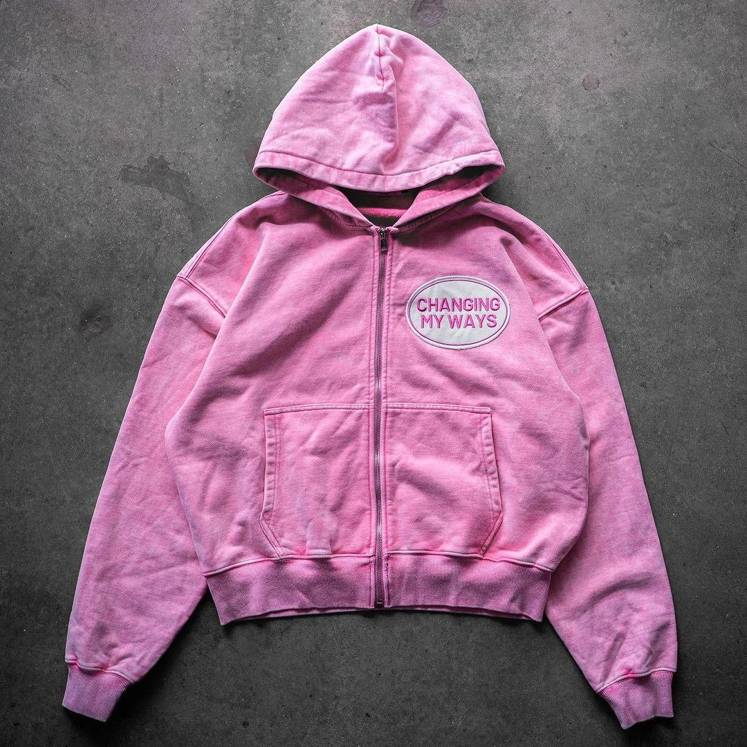 Simple American Embroidered Letters Pink Washed Zipper Hoodie Womens Winter Y2K Street Trend Sweatshirt Loose Girl Jacket 241017