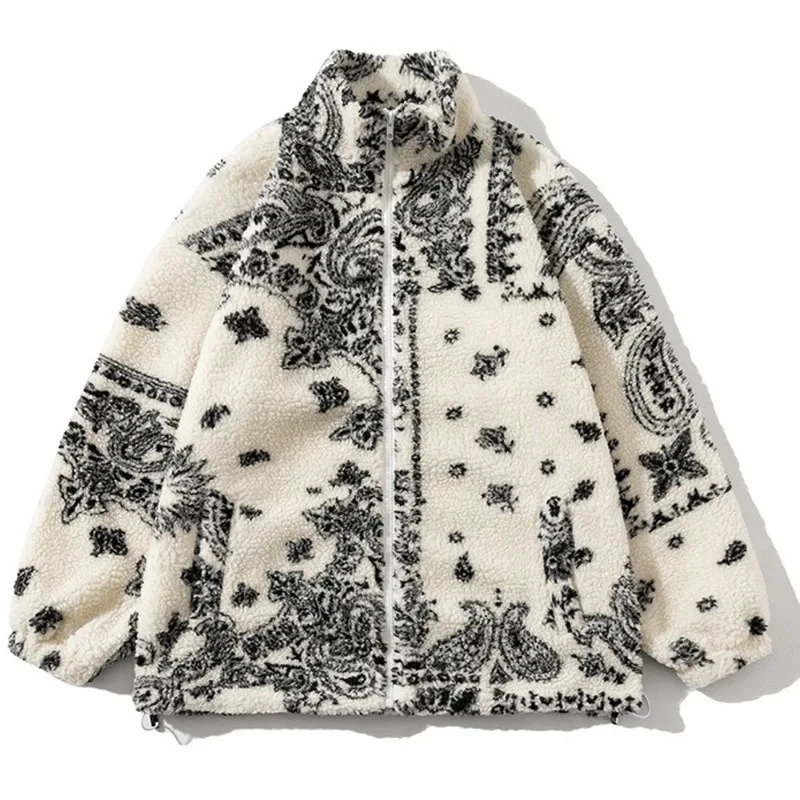 Winter wool jacket mens zipper camouflage open collar casual bandana jacket loose cashmere womens paisley polar jacket Y2k 241009