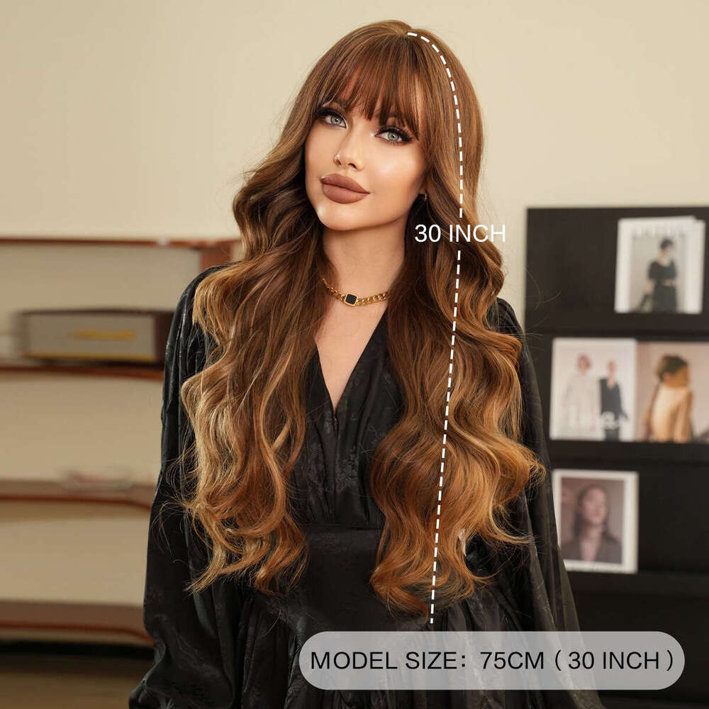 Wig New Gold Spot Dyed Long Curly Hair With Big Wave Bands And Liu Hai Chemical Fiber Head Cover Wavy Wigs