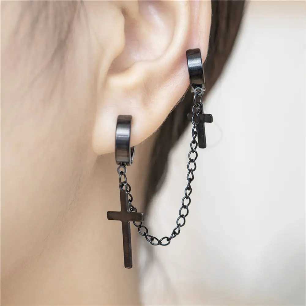 Retro womens tassel titanium steel cross punk chain Korean stud earrings womens ear clip pendant earrings mens ear clip W241017
