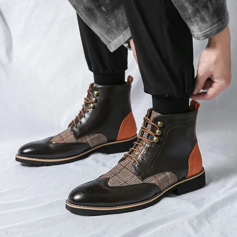 New mens shoes Pointed Mixed Patchwork Lace Up Ankle Boots British Designer Botas Trend Casual sneaker High-top Punk Rock Shoes 241118