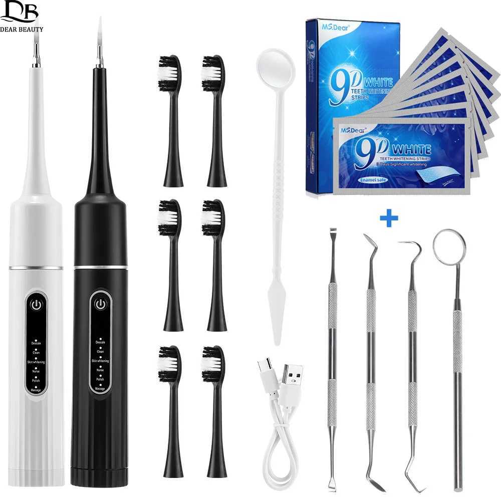 New Arrival Electric teeth cleaner sonic vibration dental dial calculus Tatar teeth removal whitening tool 6 toothbrush heads G241017