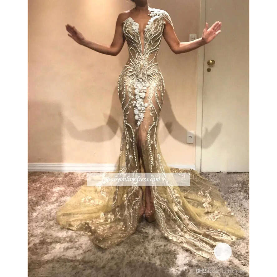 Beading Pearls One New Shoulder Mermaid Prom Lace Appliqued Front Split Evening Dresses Party Pageant Gowns Bc0614