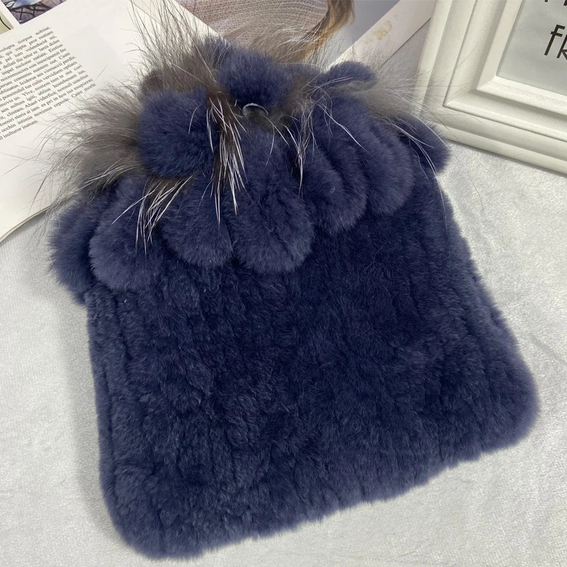 Russian Winter Real Fur Hat Natural Rex Rabbit Fur Warm Cap Ladies Knitted 100% Geunine Fur Hats 241009