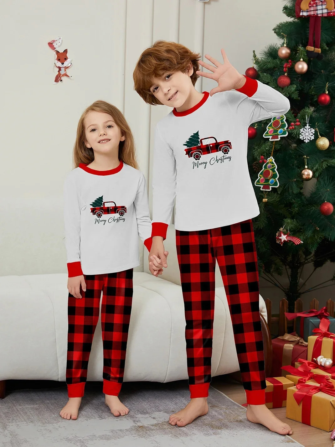 Cartoon Plaid Christmas Clothing Set for Family Adults Kids Matching Outfits Casual Soft 2Pcs Suit Baby dog Romper Xmas Look 241017