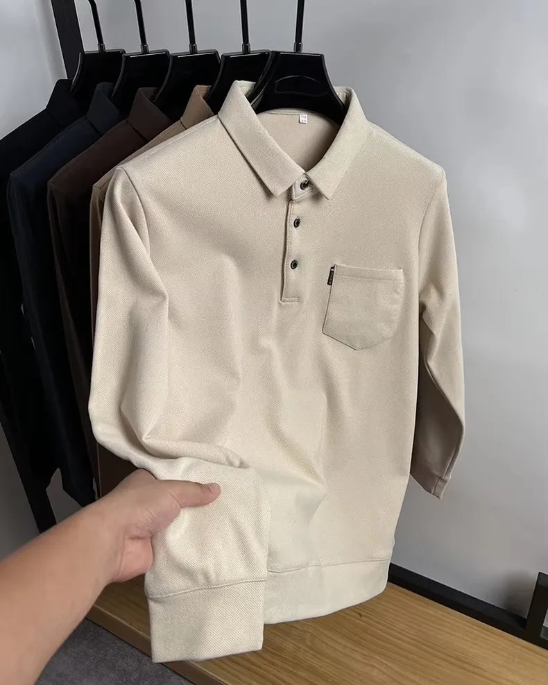 Light high-end brushed long sleeve T-shirt mens autumn fashion pocket thickened shirt collar polo shirt 241017