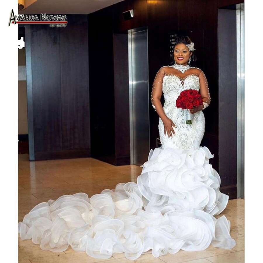 High Neckg Beading Ruffles Mermaid Wedding Dress For African Brides
