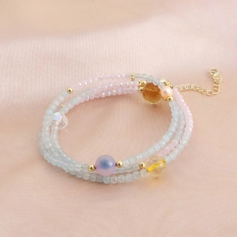 Minar handmade colored natural stone crystal aquamarine gemstone freshwater pearl three-layer bead chain bracelet 241018