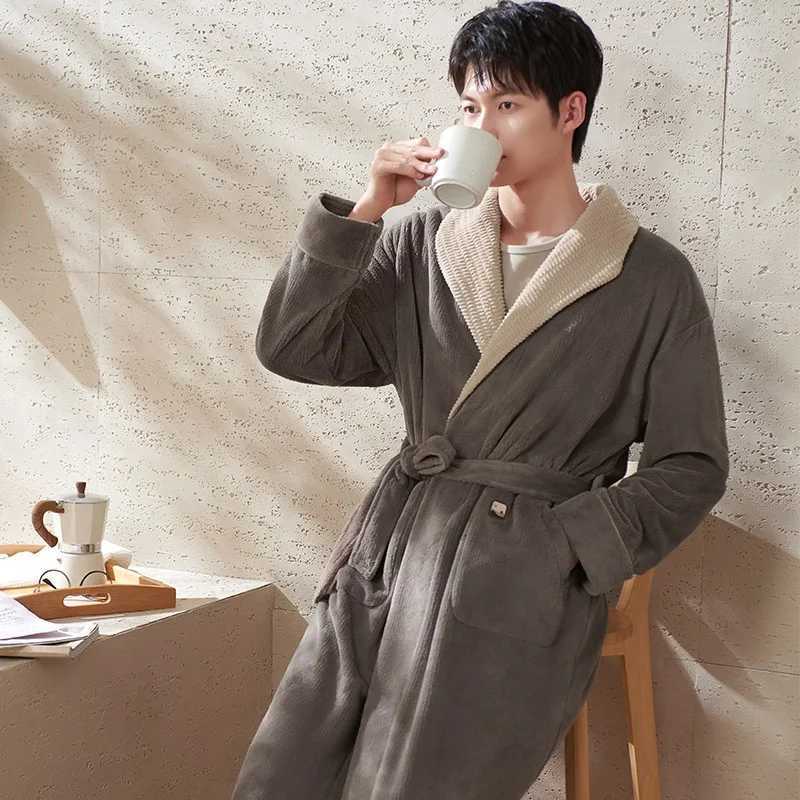 Autumn Winter Bathrobe Men Warm Flannel Sleep Top Kimono Robes For Male Coral Velvet Robes Long Bath Robe Bride Robe Dress GownXJ241018