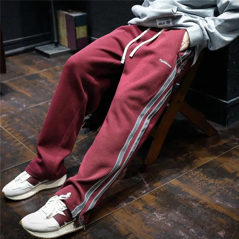 Korean Fashion Autumn Winter Sweatpants Men Elastic High Waist Pockets Striped Contrast Color Zipper Casual Straight Motion Pant 241018