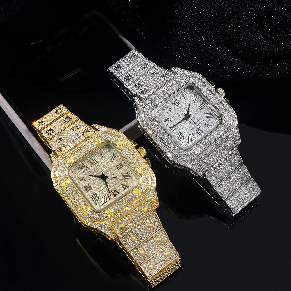 Fashion Full Iced Out Watches for Men Women Square Stainless Steel y Rhinestones Quartz Watch Hip Hop Party Gift 241017