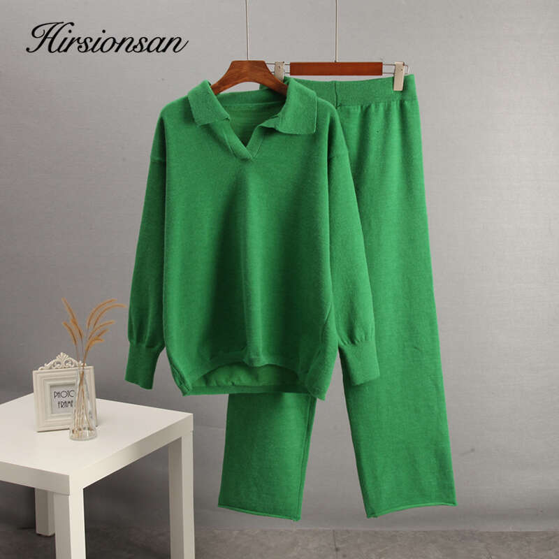 Hirsionsan Winter Thick Women Suits Soft 2 Pieces Cashmere Female Sets Polo Neck Sweater & Wide Leg Pants Knitted Outfit