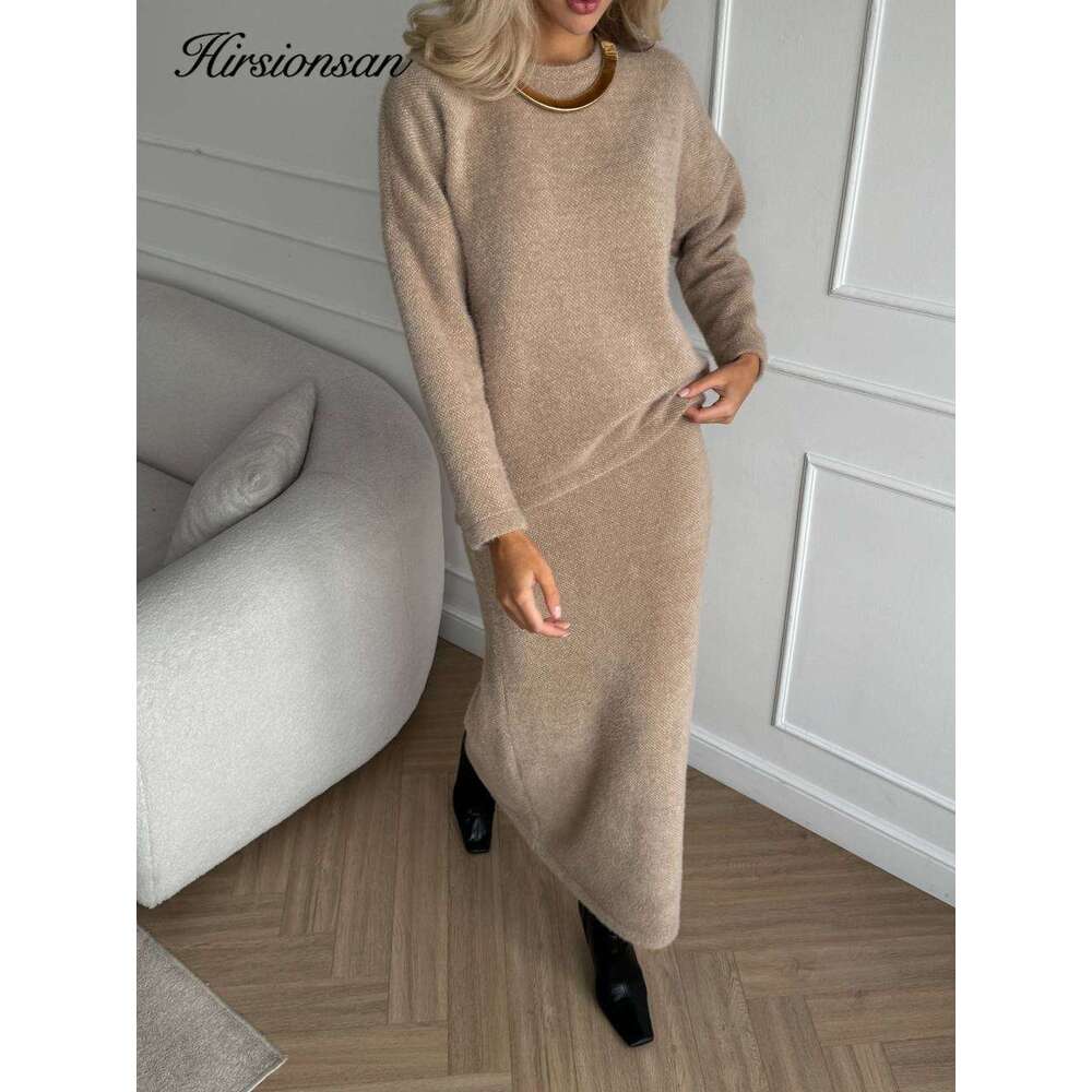 Hirsionsan Soft Elegant Vintage Women Suits 2 Pieces Female Skirt Sets O Neck Sweater & Midi Dress Knitted Tracuit