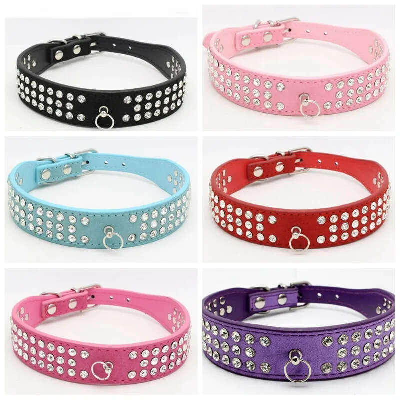 Jeweled Personalized Suede Length Rhies Skin Pet Collars Three Rows Sparkly Crystal Dias Studded Puppy Dog Collar