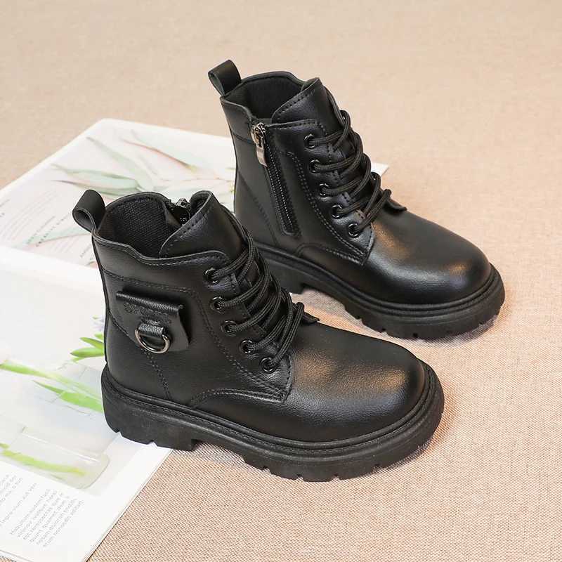 Boots Girls Ankle Boots Kids Fashion Boot Side Zipper with Metal Buckle Fashion Classic Children Rubber Boots Black 2024 Autumn Winter H241018