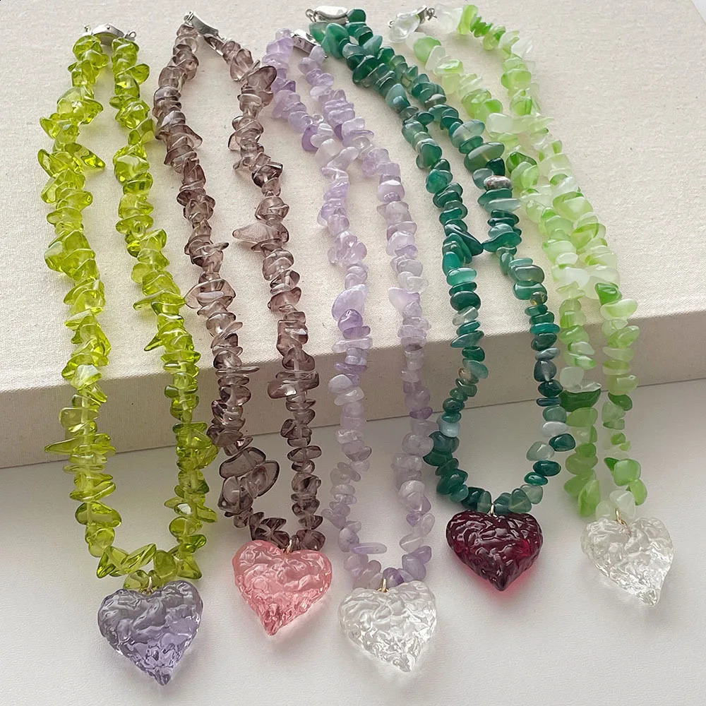 Irregular colored natural stone bead heart-shaped necklace necklace chain accessories 241018