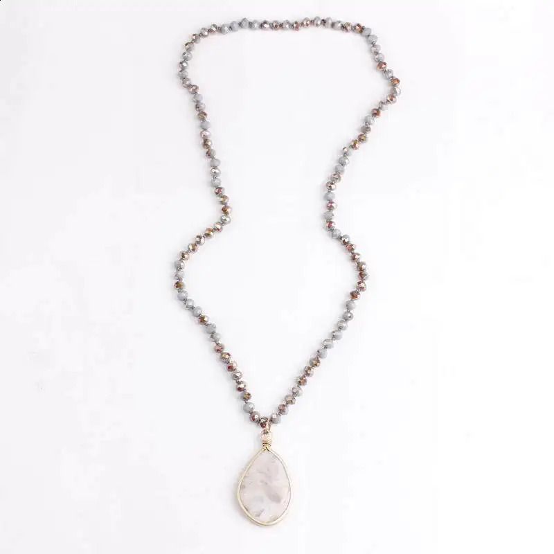 Matte gold Bordure irregular natural stone pendant necklace handmade 8mm glass bead knotted chain boutique jewelry 241018