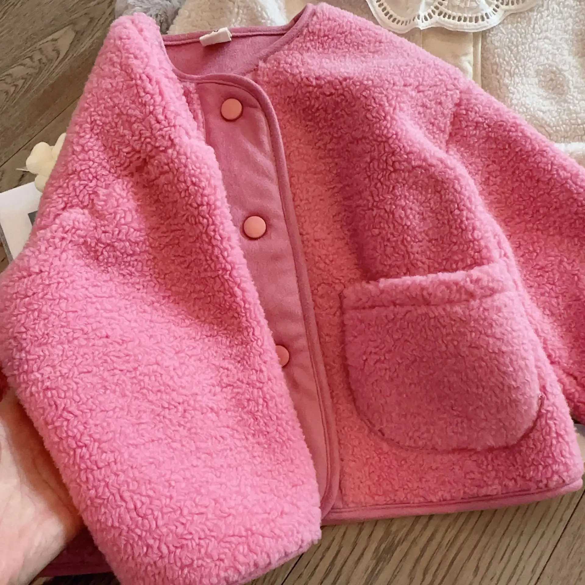 Jacket Korean childrens clothing winter for boys and girls wool loose jacket thick cotton round neck pocket solid M241018