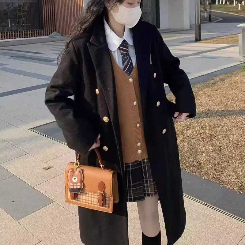 Japanese Women Coats Mid-length Preppy Style Cotton Thickened Woolen JK Coat Autumn and Winter Office Lady Casual Outwear FemaleX241009