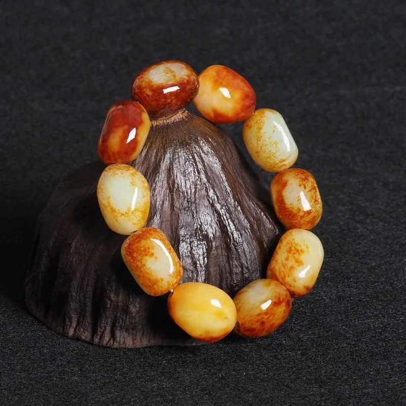 Hetian Pebble Bracelet Natural Dispersed Bead White Jadeite Coarse Stone Pendant for Men and Women Red Leather 241018