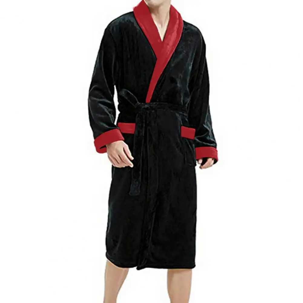 Men Winter Nightgown Thick Plush Coral Fleece Bathrobe Water Absorption Long Sleeve Tie Waist Pockets Homewear Sleepwear RobeXJ241018