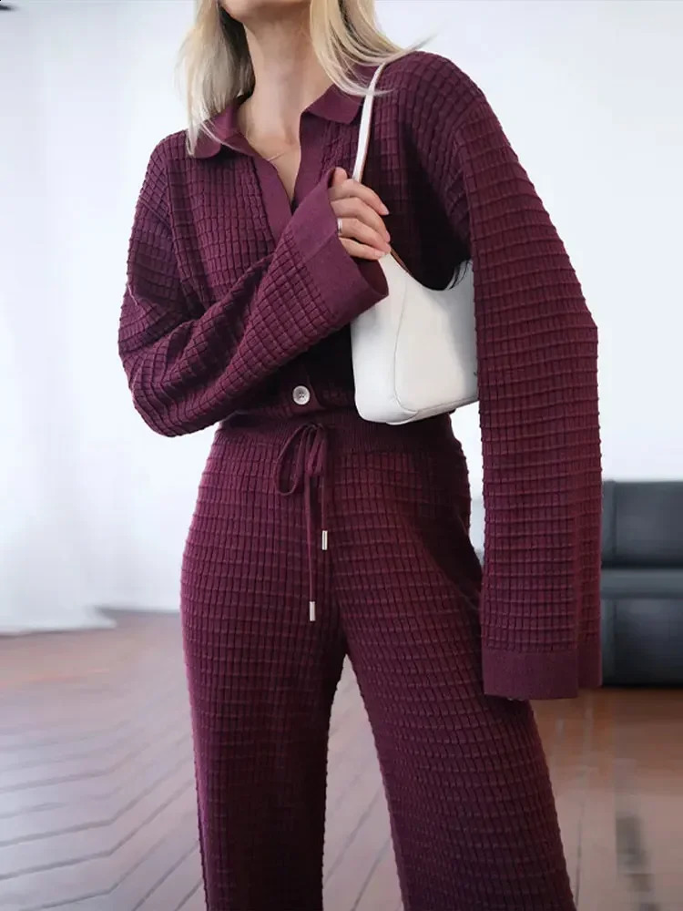 2024 Autumn Women Wine Red Knit Sweater 2 Peice Sets V-neck Cardigan Coats High Waist Wide Leg Pants Ladies Fashion Casual Suits 241017