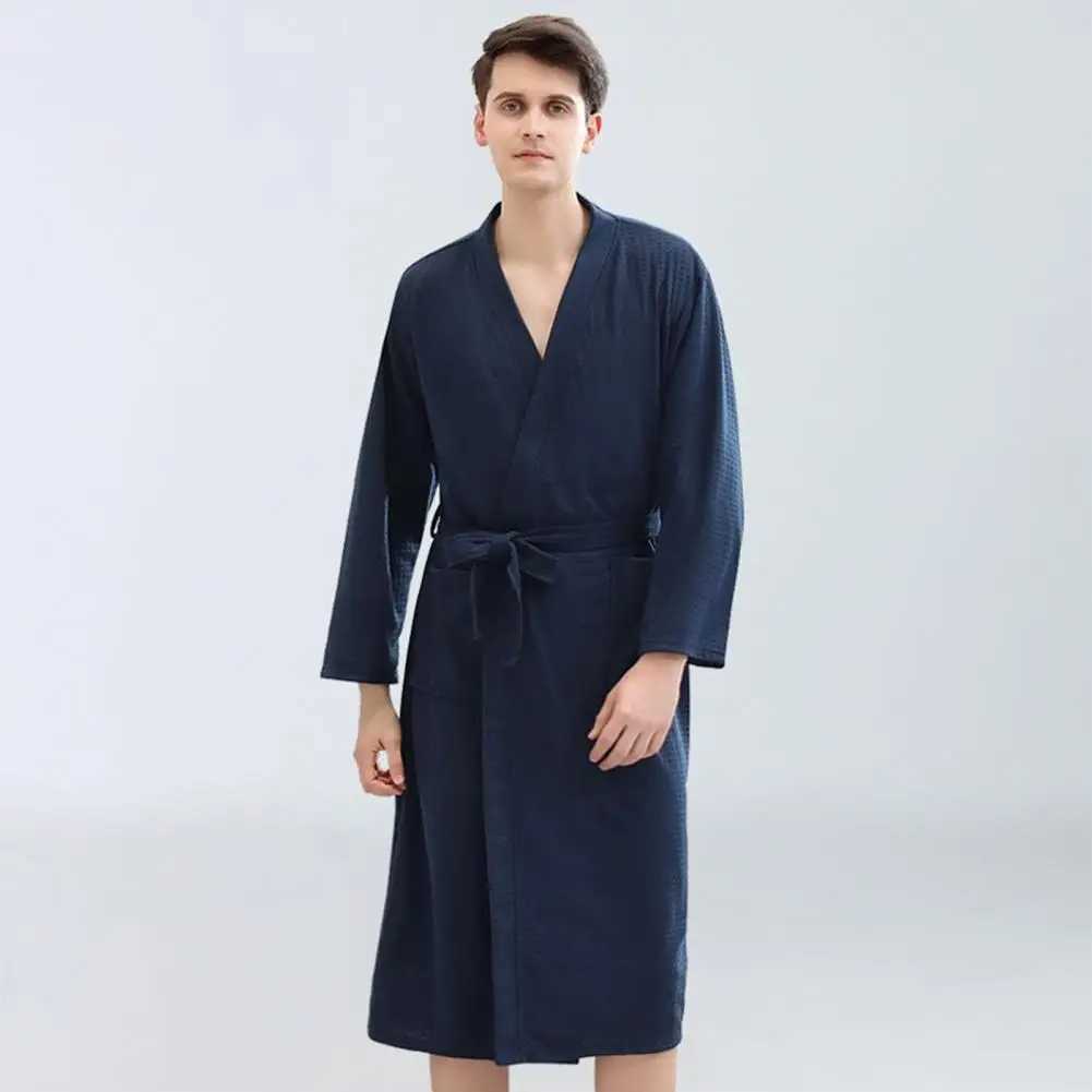 Men Bathrobe Waffle Long Style Solid Color Thin Soft Sleepwear Loose Cardigan Fall Nightgown Plush Shawl Bathrobe Kimono HomeXJ241018