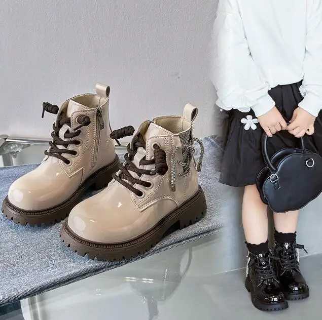 Boots Girl princess ankle boots black beige childrens leather boots autumn anti slip childrens snow boots solid color sports shoes H241018