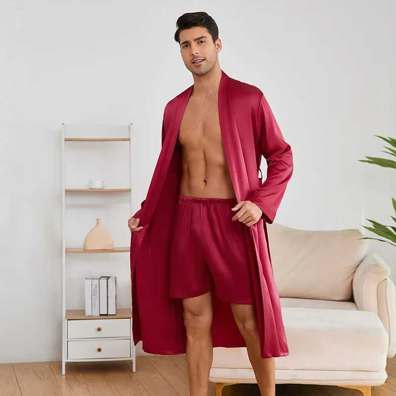 New Silky Satin Robe Suit Mens Robe shorts Set Nightwear Loose Male Kimono Pajamas Long Sleeved Bathrobes Solid Home ClothesXJ241018