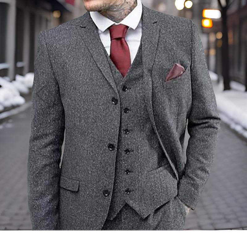 Woolen Tweed Men Suits For Winter Wedding Custom Casual Groom Tuxedos Male Fashion Clothes 3 Piece Jacket With Vest Pants