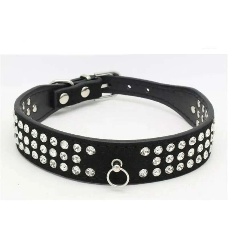 Jeweled Personalized Suede Length Rhies Skin Pet Collars Three Rows Sparkly Crystal Dias Studded Puppy Dog Collar