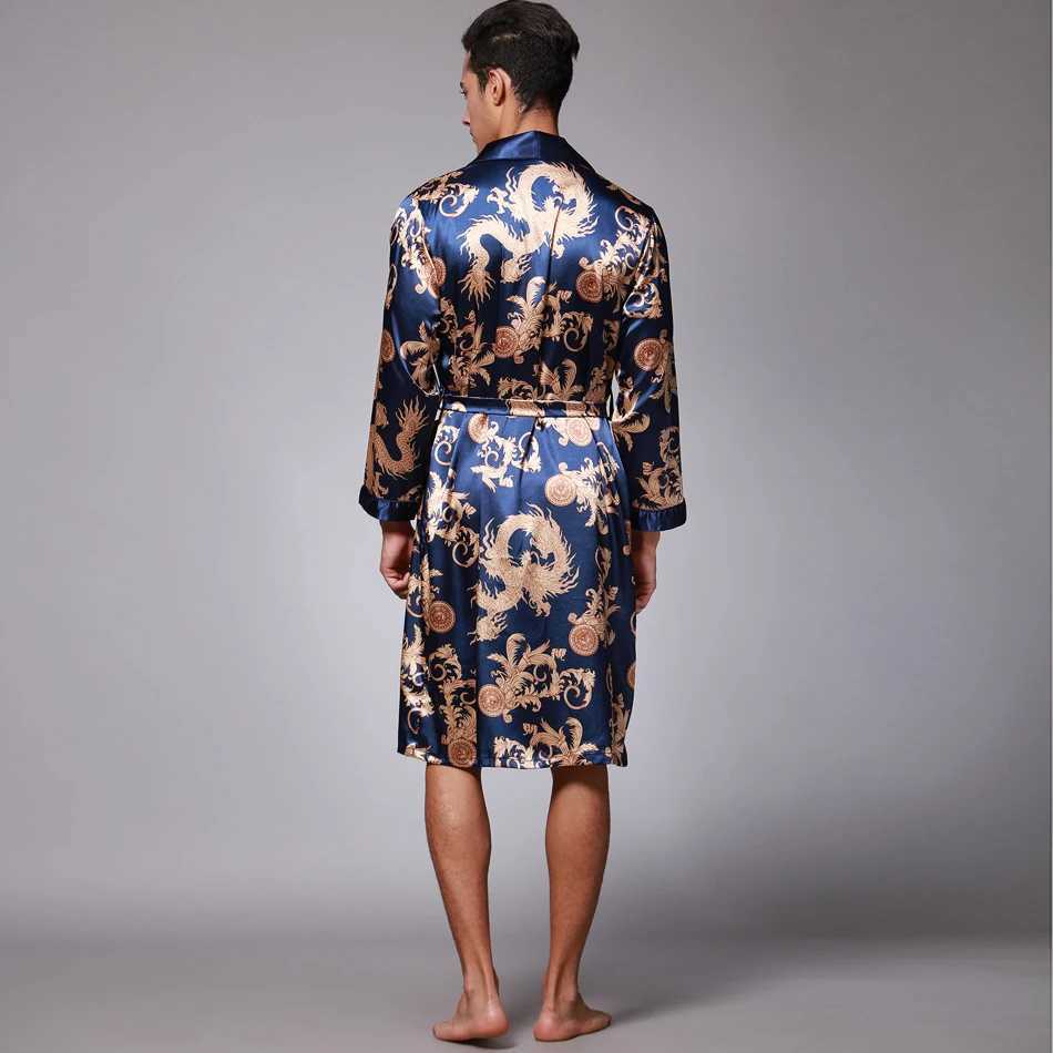 Men Sleepwear Shower Robe Bathrobe Man Pajama with Belt Imitation Silk Printing Bathrobe Satin Pijama Hombre Pyjama LoungewearXJ241018