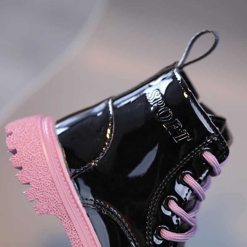 Boots New girl ankle boots single leg leather boots simple PU bright leather solid color lace childrens shoes H241018