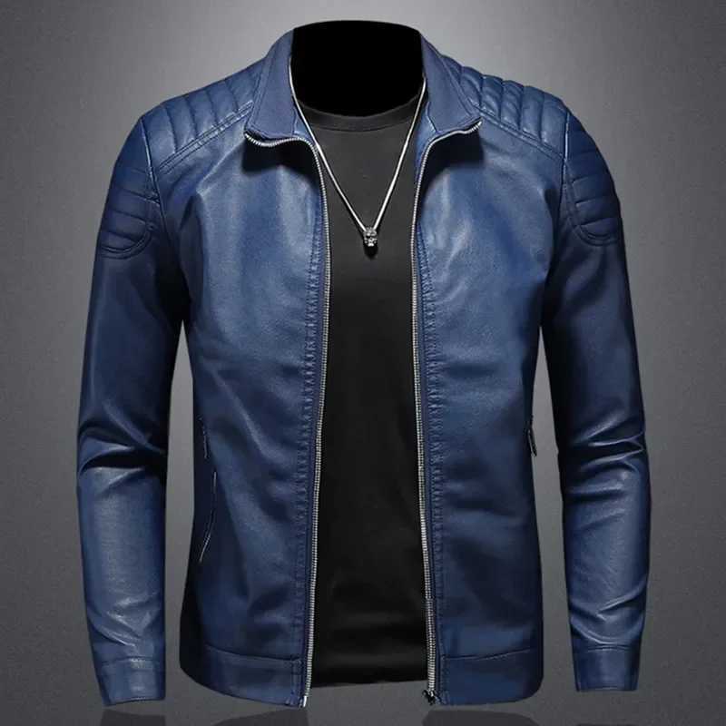 Mens standing collar bicycle jacket high-quality casual and fashionable leather jacket Trench leather synthetic bicycle jacket Y241018