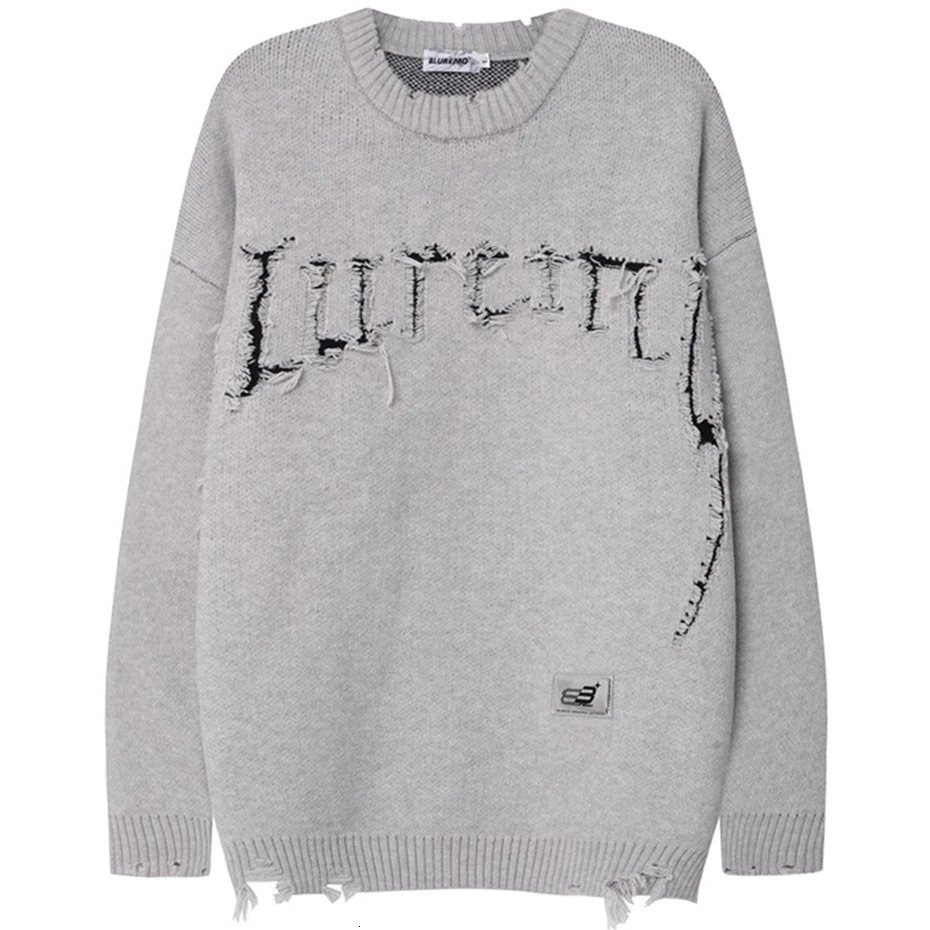Broken Letter Sweaters Men Streetwear Hip Hop Oversized Harajuku Sweater Casual Loose Gray Knitted Jumper Pullover 241018