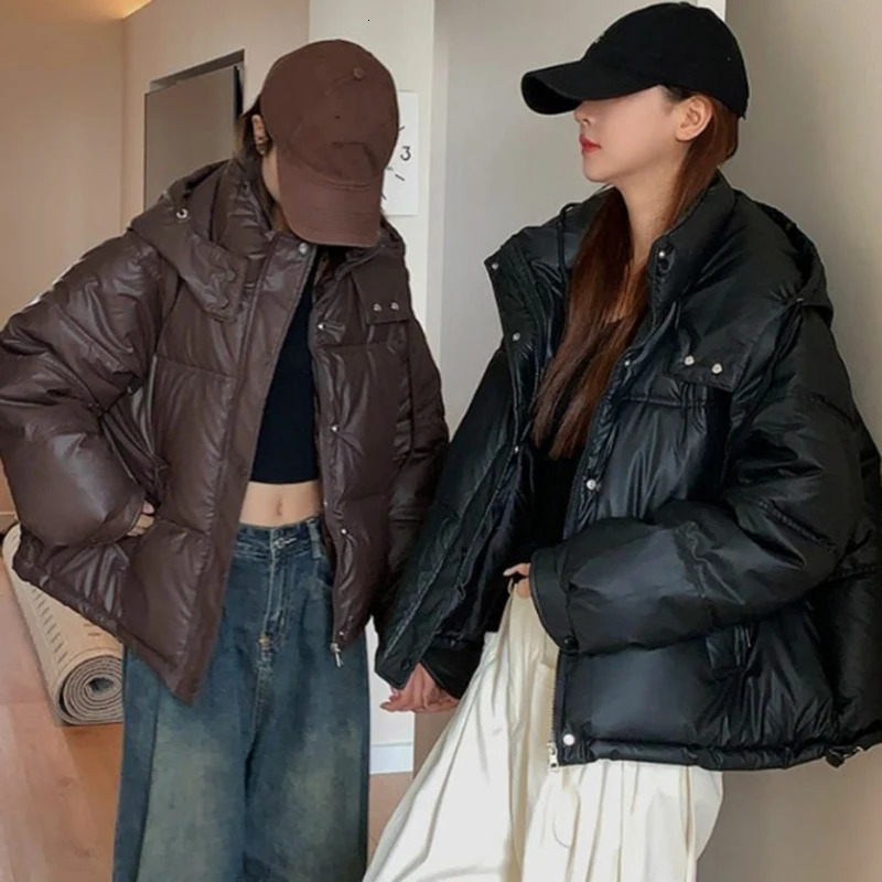 Rimocy American Vintage Brown Short Jacket Woman Fashion Warm Long Sleeve Parkas Autumn Winter Hooded Puff Coats 241018
