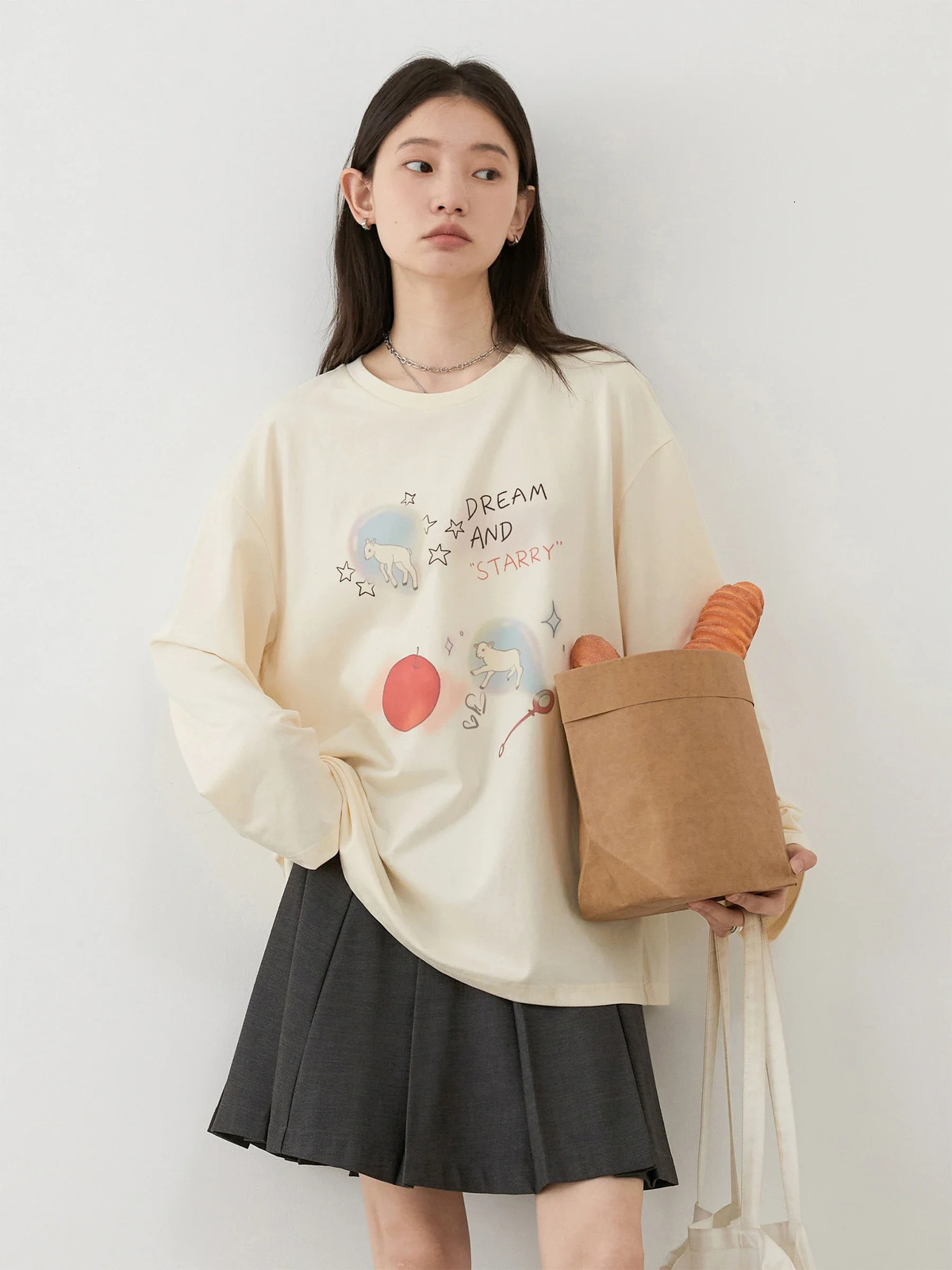 CHIC VEN Women TShirts Loose Long Sleeve Cartoon n Round Neck Lamb Print Female Tees Woman Top Spring Autumn 241018