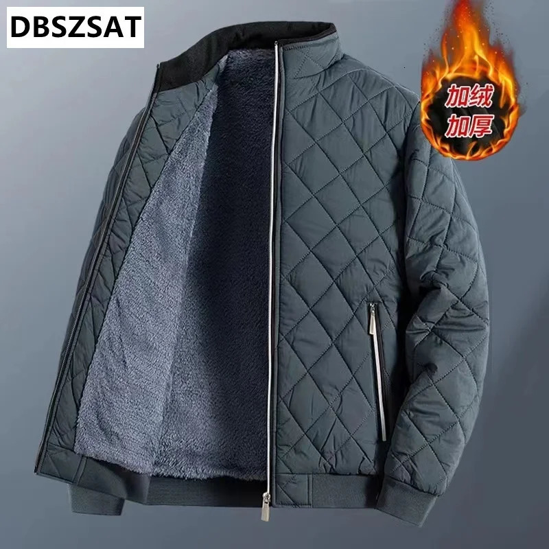 Winter Bomber Jacket Men Fashion Diamond Pattern Fleece Lined Casual Outwear Thermal Warm Coats Clothing 241018